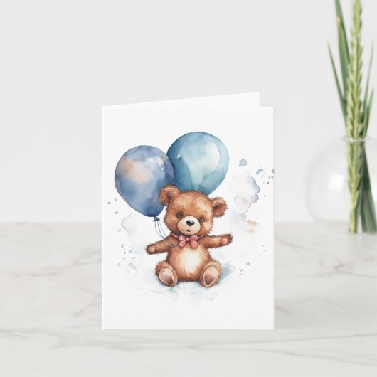 Watercolor Blue Balloons Brown Teddy Bear Karte (Vorderseite)