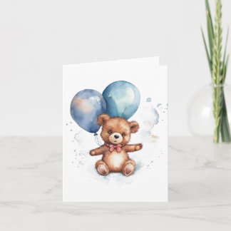 Watercolor Blue Balloons Brown Teddy Bear Karte