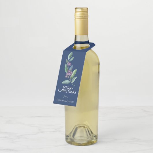 Watercolor Blue Berry Verlasse Weihnachten Flaschenanhänger (Angewinkelt)