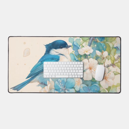 Watercolor Blue Bird Spring Blossom Schreibtischunterlage (Tastatur & Maus)