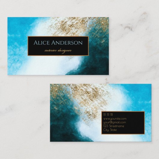Watercolor Blue Black Gold Glitzer Designer Visitenkarte (Vorne/Hinten)