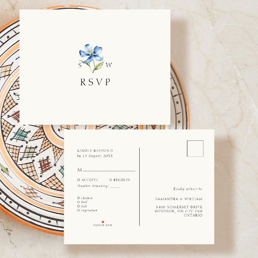 Watercolor Blue Blume Wedding RSVP Response Ankündigungspostkarte