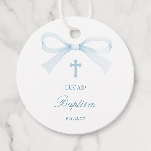 Watercolor Blue Bow Baptism Geschenkanhänger (Vorderseite)