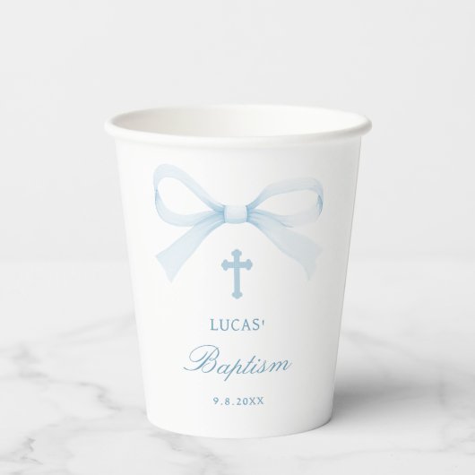 Watercolor Blue Bow Baptism Pappbecher (Rückseite)