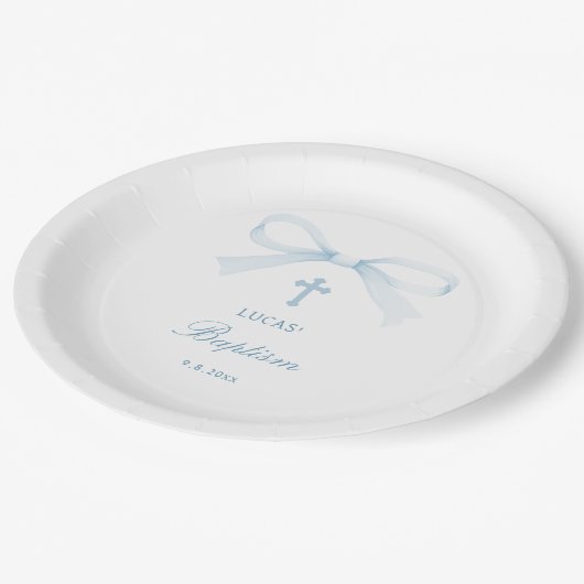 Watercolor Blue Bow Baptism Pappteller (Schrägansicht)