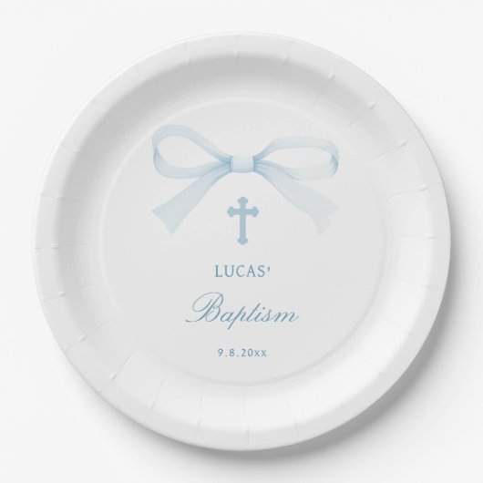 Watercolor Blue Bow Baptism Pappteller (Vorderseite)