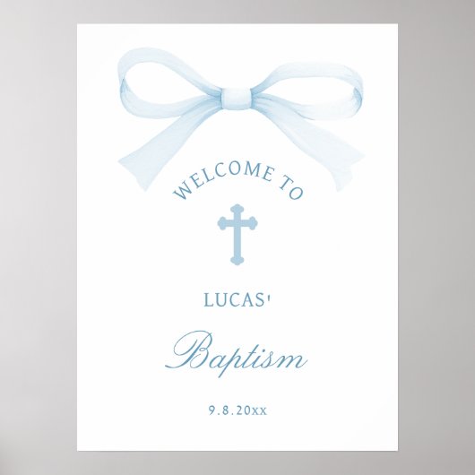 Watercolor Blue Bow Baptism Welcome Poster (Vorne)
