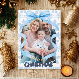 Watercolor Blue Bow Bells Vintage Christmas Photo  Feiertagskarte