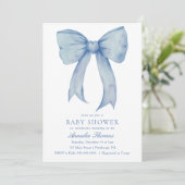 Watercolor Blue Bow Boy Baby Dusche Einladung (Stehend Vorderseite)