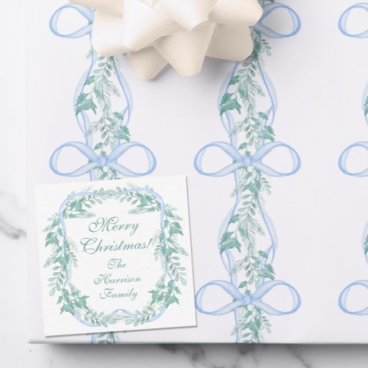 Watercolor Blue Bow Garland Weihnachtsgeschenk Mitteilungskarte