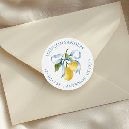 Watercolor Blue Bow Lemons Adresse Runder Aufkleber