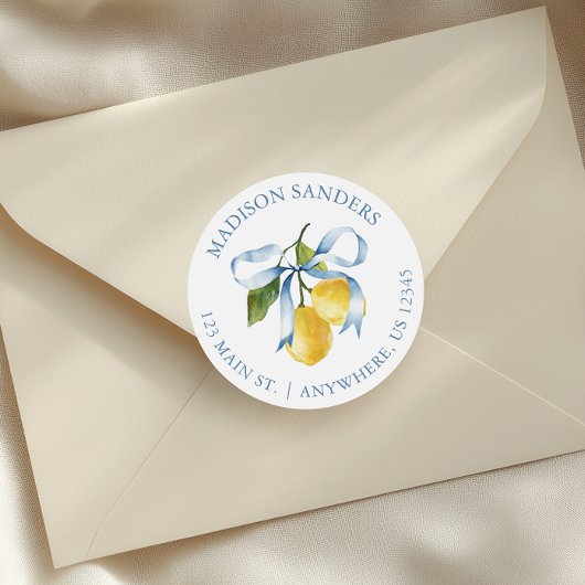 Watercolor Blue Bow Lemons Adresse Runder Aufkleber