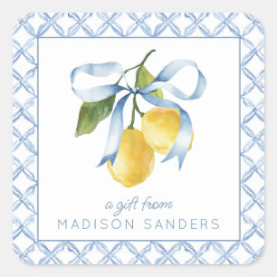 Watercolor Blue Bow Lemons Geschenk Quadratischer Aufkleber
