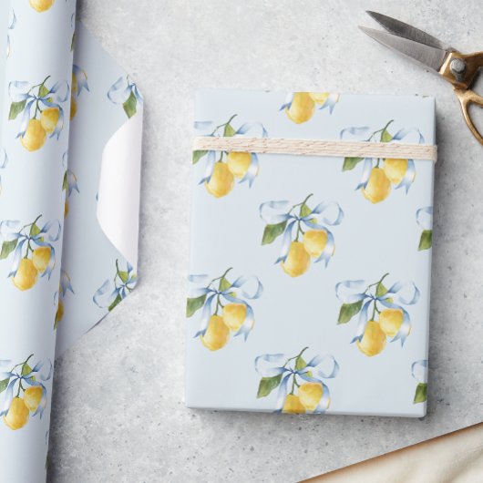 Watercolor Blue Bow Lemons Geschenkpapier