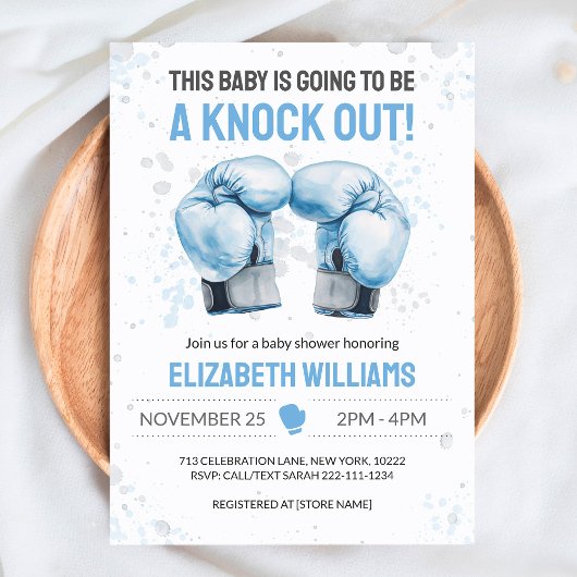 Watercolor Blue Boxing Baby Boy Shower Invitation Einladung