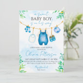 Watercolor Blue Boy Baby Dusche Einladung (Stehend Vorderseite)