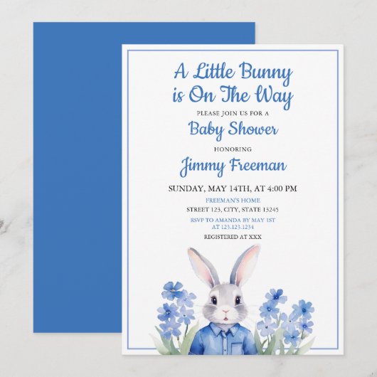 Watercolor Blue Bunny Boy Floral Baby Dusche Einladung (Vorne/Hinten)