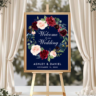 Watercolor Blue Burgundy Floral Wedding Willkommen Poster