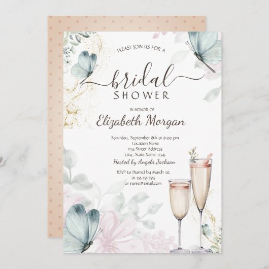 Watercolor Blue Butterfells Champagner Glass Einladung (Vorne/Hinten)