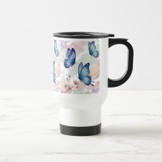 Watercolor Blue Butterflies Mug Design – Elegant Reisebecher (Rechts)