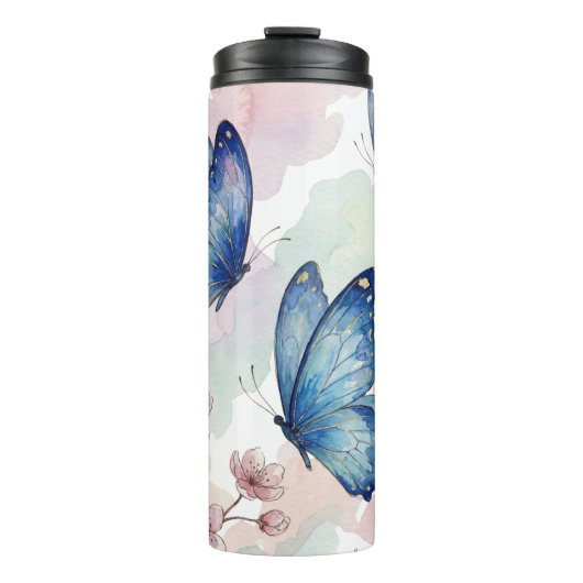 Watercolor Blue Butterflies Mug Design – Elegant Thermosbecher (Vorderseite)