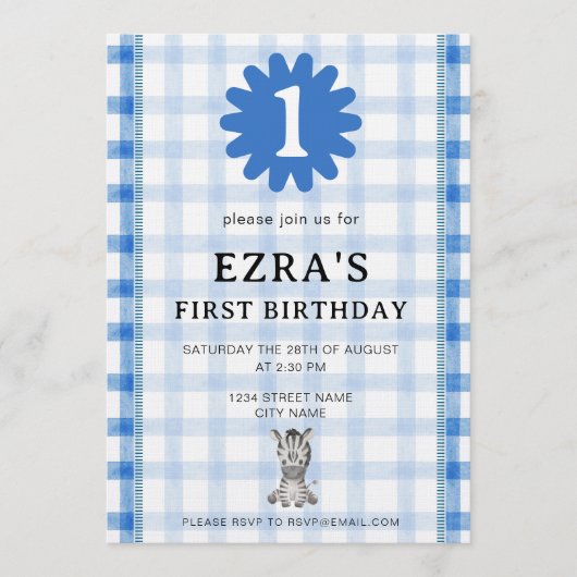 Watercolor Blue Check Koala Birthday Invitation Einladung (Vorderseite)