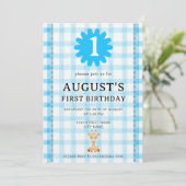 Watercolor Blue Check Koala Birthday Invitation Einladung (Stehend Vorderseite)