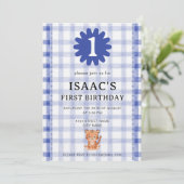 Watercolor Blue Check Tiger Birthday Invitation Einladung (Stehend Vorderseite)
