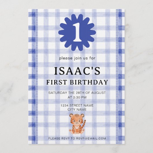 Watercolor Blue Check Tiger Birthday Invitation Einladung (Vorderseite)