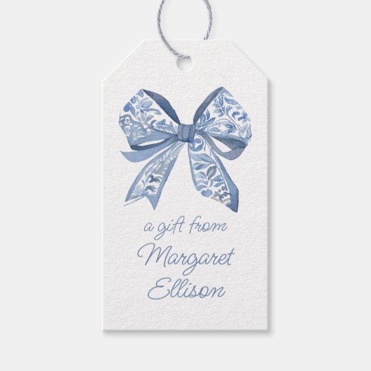 Watercolor Blue Chinoiserie Bow Geschenkanhänger (Vorderseite)