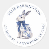 Watercolor Blue Chinoiserie Bunny Rabbit Adresse Runder Aufkleber (Vorderseite)