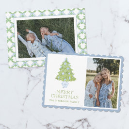 Watercolor Blue Chinoiserie Weihnachtsbaum Foto Feiertagskarte