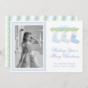 Watercolor Blue Christmas Monogram Strumpfs Foto Feiertagskarte