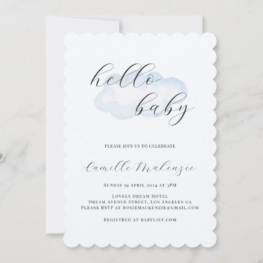 Watercolor Blue Cloud Baby Dusche Einladung (Vorderseite)