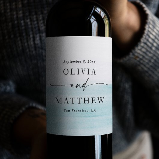 Watercolor Blue & Coastal Wedding | Elegant Beach Weinetikett