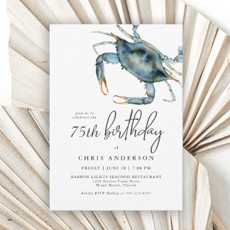 Watercolor Blue Crab Seafood 75th Birthday Einladung