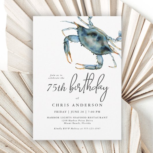 Watercolor Blue Crab Seafood 75th Birthday Einladung