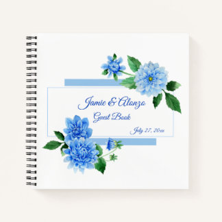 Watercolor Blue Dahlias Frame Wedding Gästebuch Notizblock