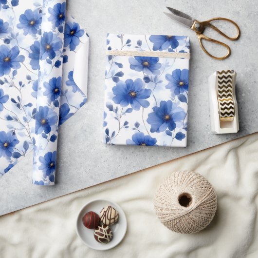 Watercolor Blue Daisy Muster Geschenkpapier (Kunsthandwerk)