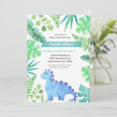 Watercolor Blue Dinosaurier Boys Baby Dusche Einladung (Stehend Vorderseite)