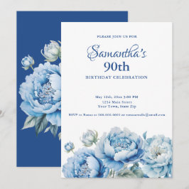 Watercolor Blue Floral 90th Birthday Party Einladung