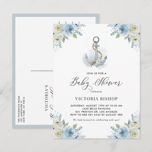 Watercolor Blue Floral Anchor Nautical Baby Shower Einladungspostkarte (Vorne/Hinten)