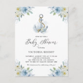 Watercolor Blue Floral Anchor Nautical Baby Shower Einladungspostkarte (Vorderseite)