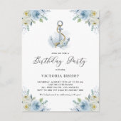 Watercolor Blue Floral Anchor Nautical Birthday Einladungspostkarte (Vorderseite)