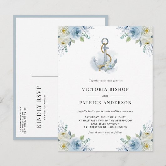 Watercolor Blue Floral Anchor Nautical Wedding Einladungspostkarte (Vorne/Hinten)