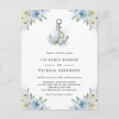 Watercolor Blue Floral Anchor Nautical Wedding Einladungspostkarte (Vorderseite)