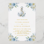 Watercolor Blue Floral Anchor Nautical Wedding Folieneinladung (Vorderseite)