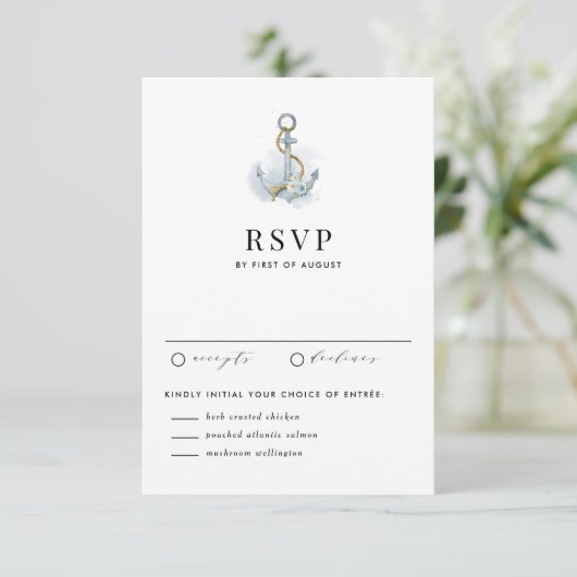 Watercolor Blue Floral Anchor Nautical Wedding RSVP Karte (Stehend Vorderseite)