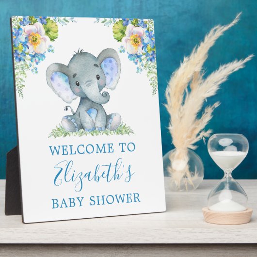Watercolor Blue Floral Baby Elephant Baby Dusche Fotoplatte (Seite)