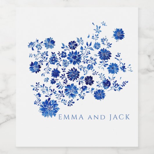 Watercolor Blue Floral Bouquet Wedding Weinetikett (Einzelnes Label)